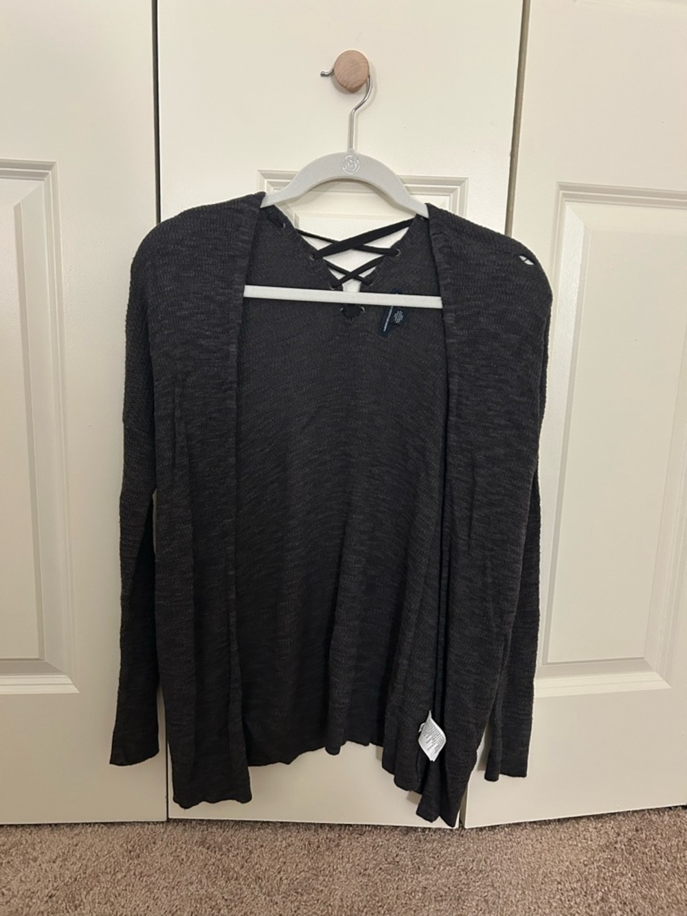American Eagle Outfitters Dark Grey Crisscross Back Open Front Cardigan